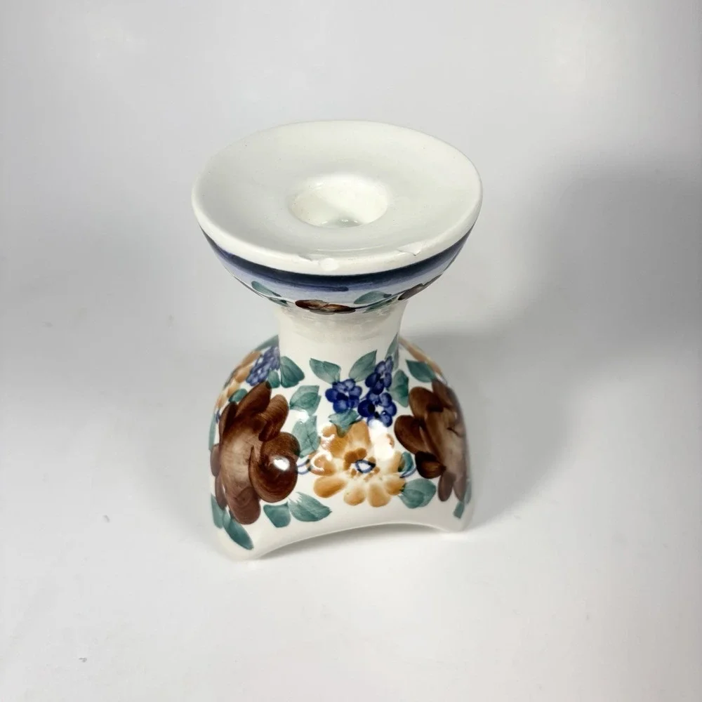 vintage hand-painted ceramic candlestick holder Made In Poland Three Legged Folk